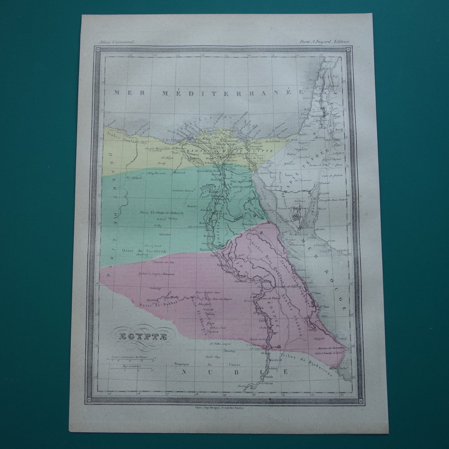 Oude kaart van Egypte uit 1877 antieke Franse handgekleurde landkaart van Egypte