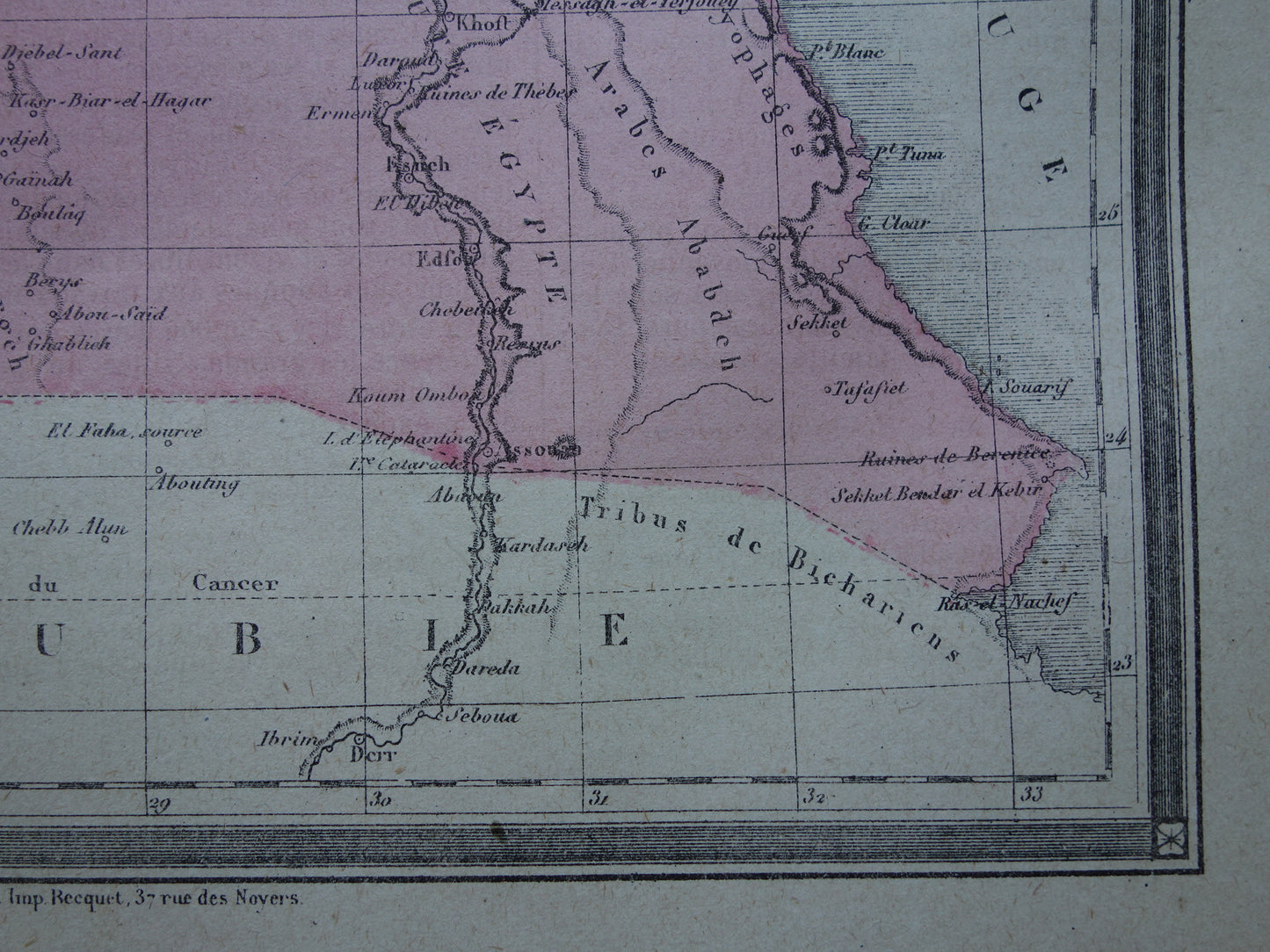 Old map of Egypt from 1877 antique French hand-colored map of Egypt