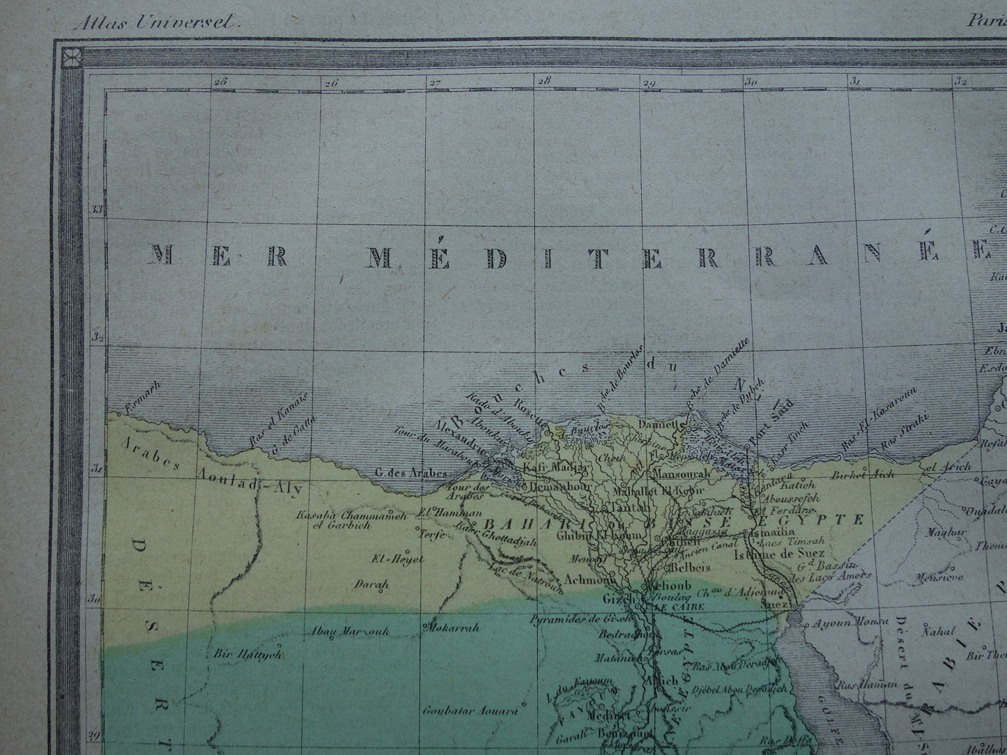 Old map of Egypt from 1877 antique French hand-colored map of Egypt