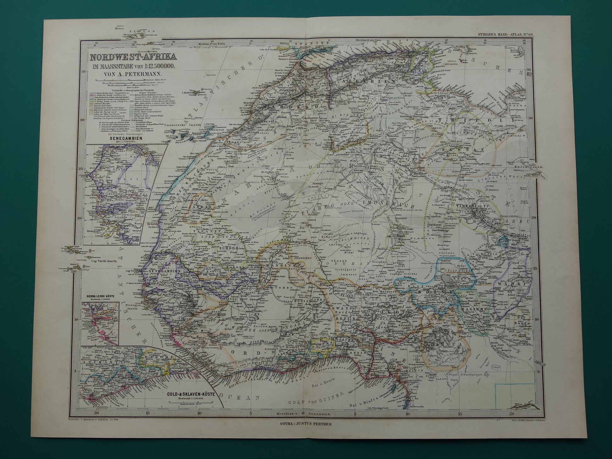 AFRIKA Oude landkaart van Noordwest-Afrika in 1886 Grote originele kaart van Sahara Goudkust Sahel Senegal Nigeria