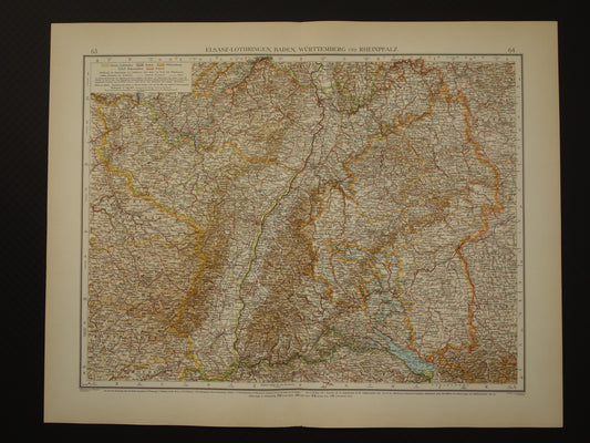 Old map of Alsace Lorraine Germany Detailed large map with year 1910 Original vintage maps Elsasz-Lothringen, Baden, Wurttemberg and Rheinpfalz