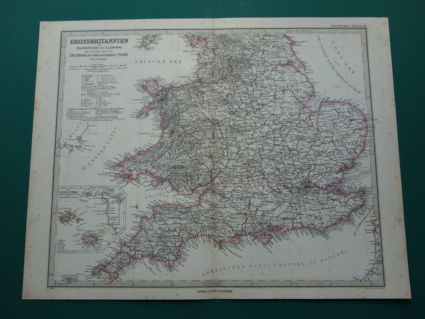 Vintage Kaart van Engeland uit 1886 originele antieke landkaart van Engeland en Wales