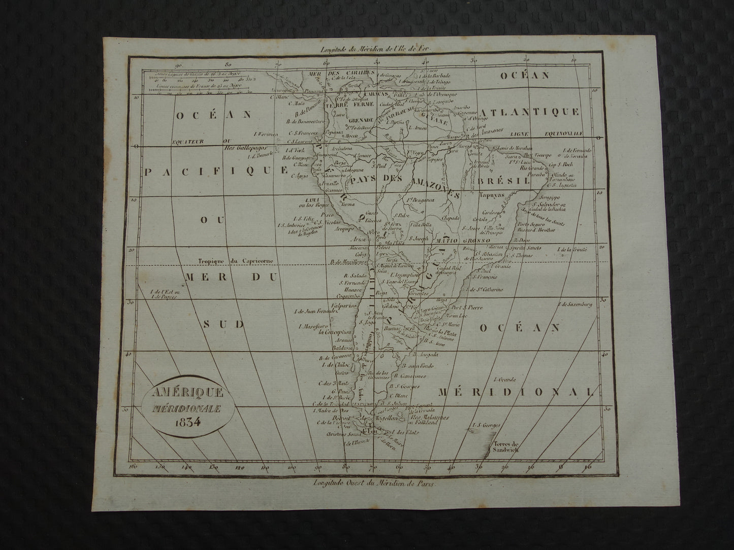 ZUID-AMERIKA oude Franse kaart uit 1834 met jaartal - antieke landkaart van continent Zuid-Amerika
