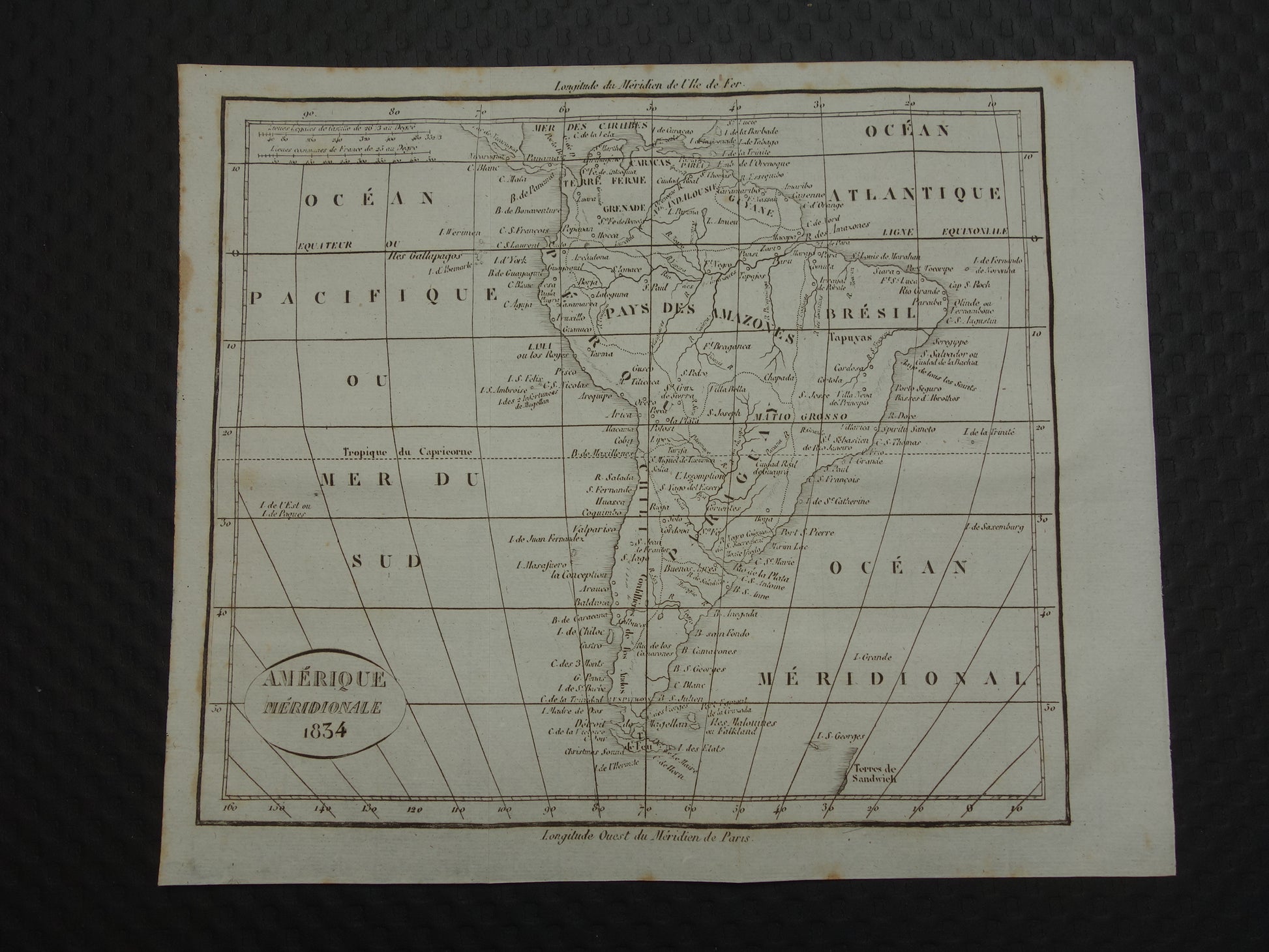 ZUID-AMERIKA oude Franse kaart uit 1834 met jaartal - antieke landkaart van continent Zuid-Amerika