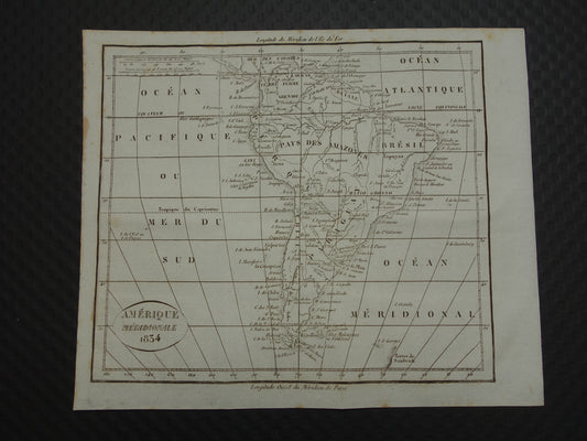 ZUID-AMERIKA oude Franse kaart uit 1834 met jaartal - antieke landkaart van continent Zuid-Amerika