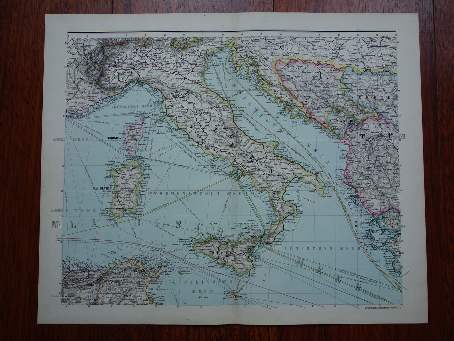 MEDITERRANEAN SEA Very large old map of Southern Europe from 1880 original antique map poster