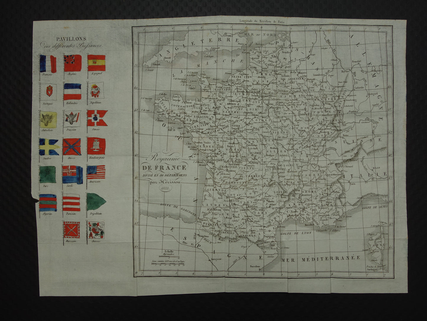 FRANCE old map of France in the year 1833 Antique map decorated with flags