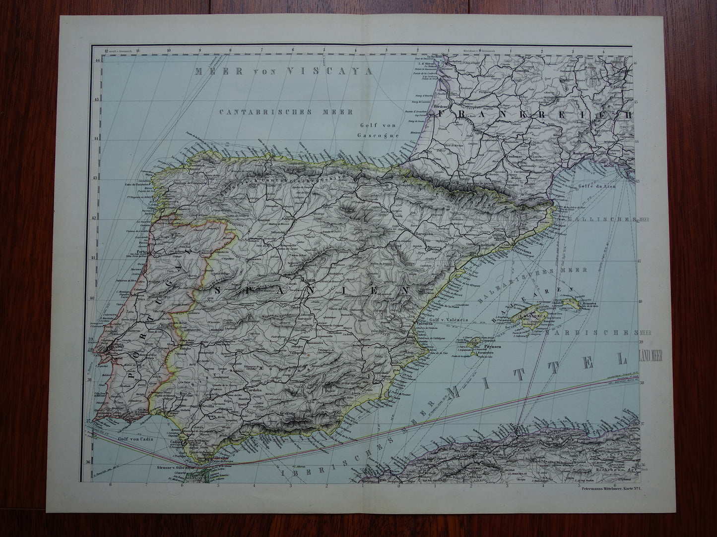 MEDITERRANEAN SEA Very large old map of Southern Europe from 1880 original antique map poster