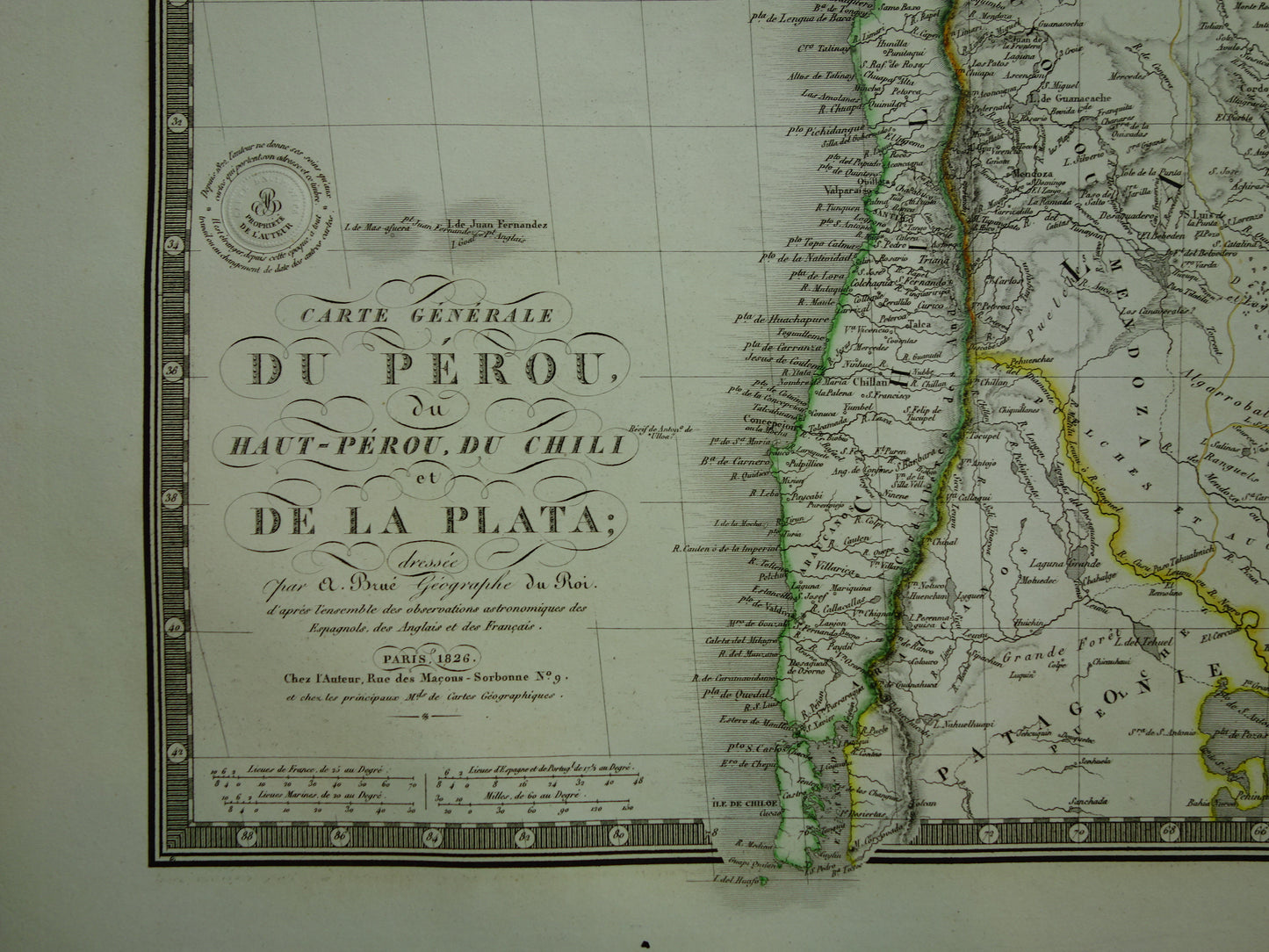 South America large old French map of Peru Bolivia Argentina Paraguay original antique hand colored map