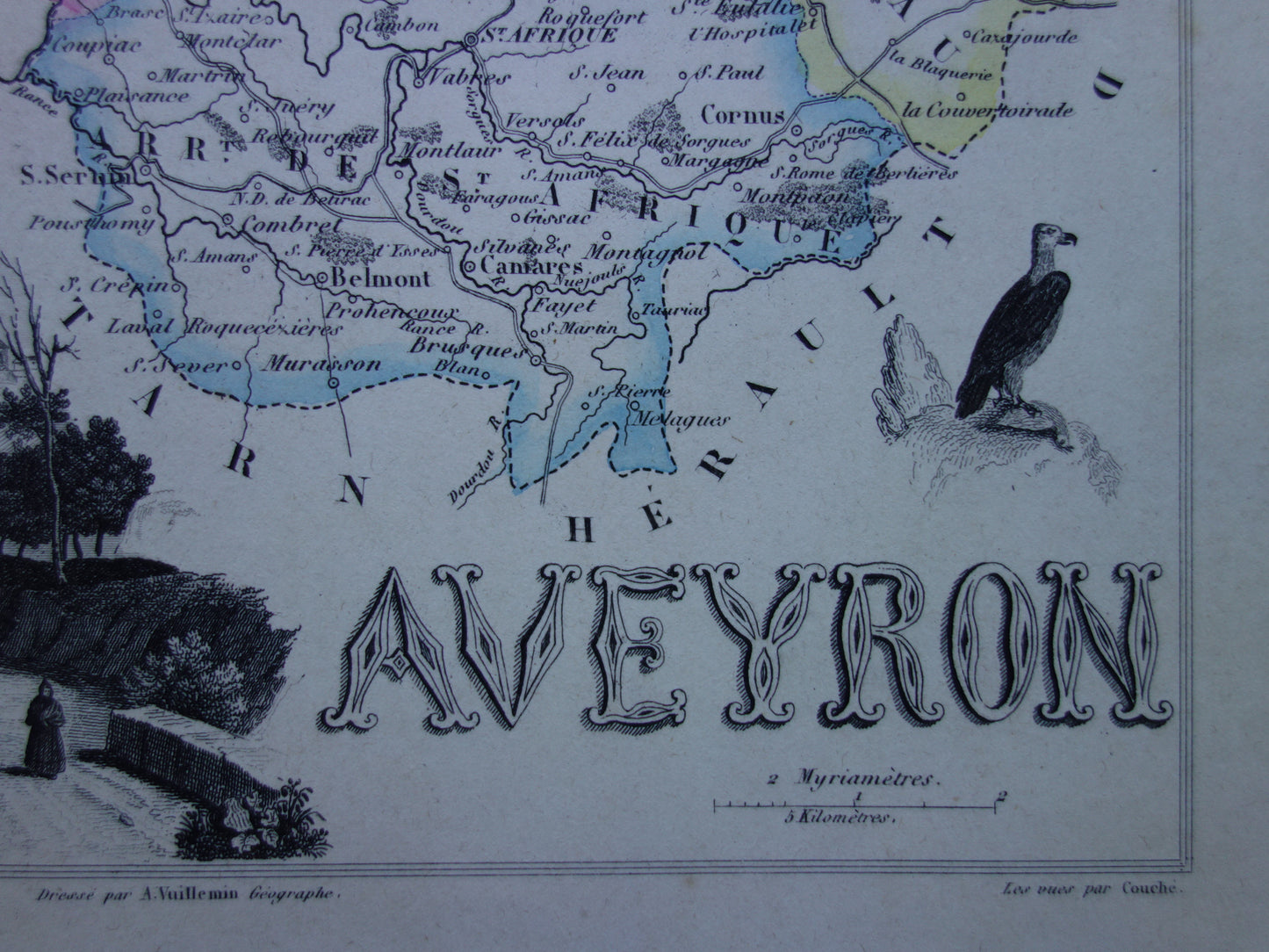 AVEYRON department France old map 1856 original antique map Rodez historical maps