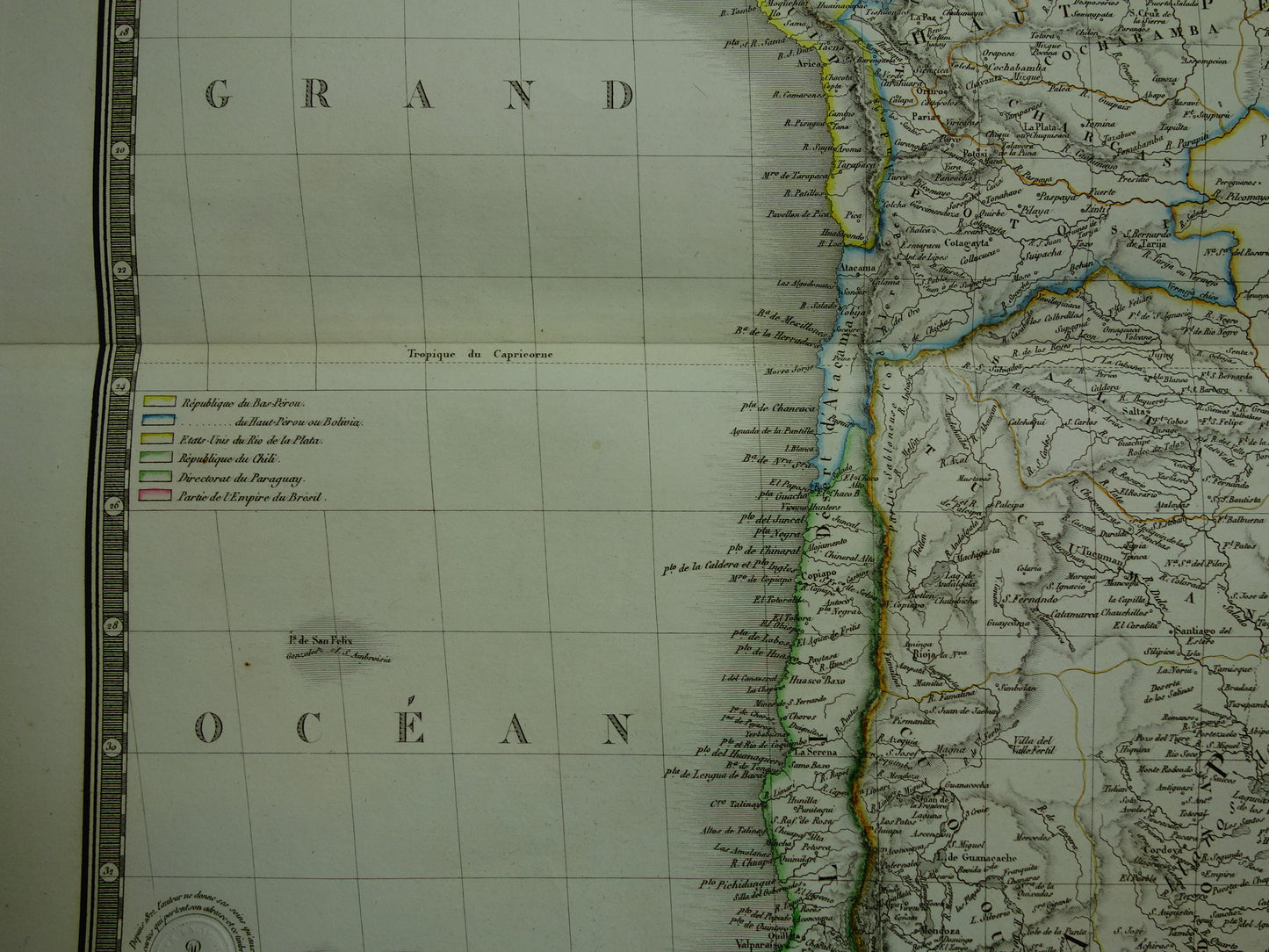 South America large old French map of Peru Bolivia Argentina Paraguay original antique hand colored map