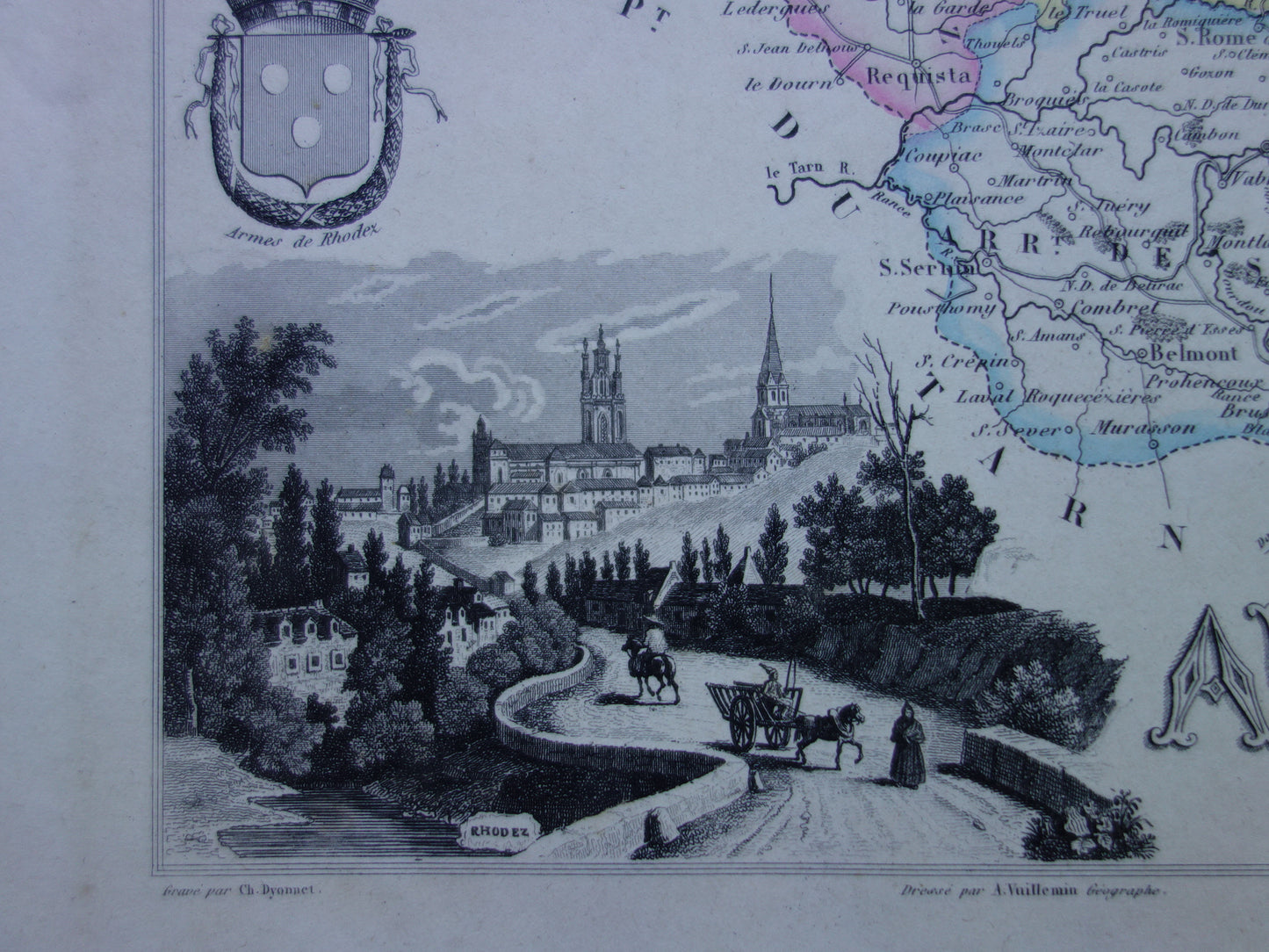 AVEYRON department France old map 1856 original antique map Rodez historical maps