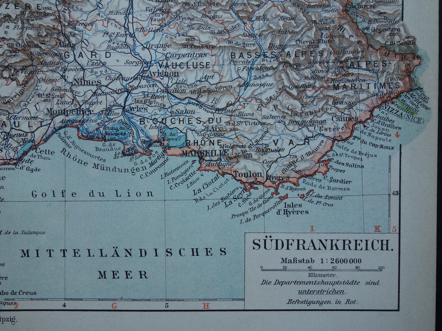 FRANCE old map of Southern France 1905 original antique German map