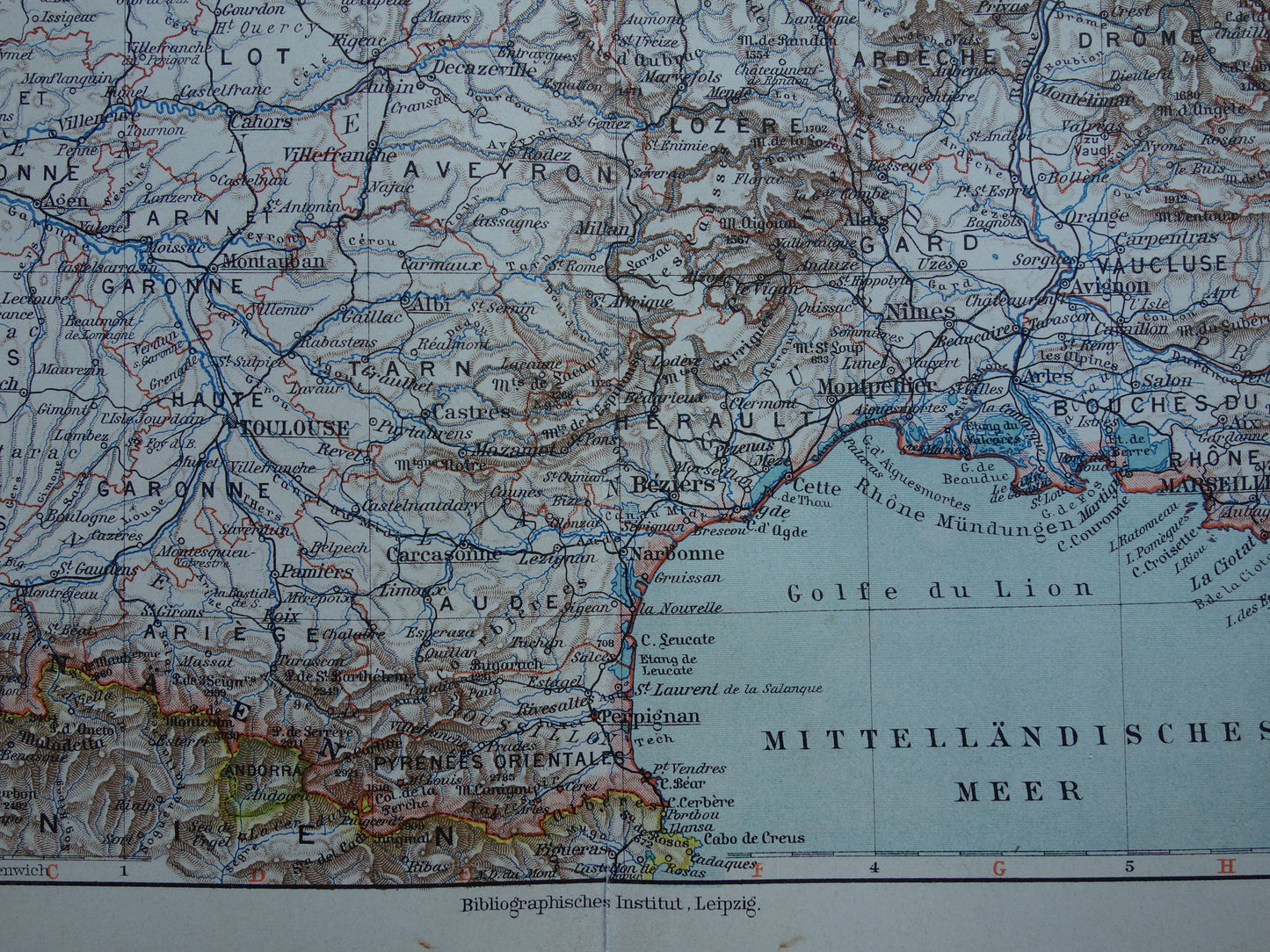 FRANCE old map of Southern France 1905 original antique German map
