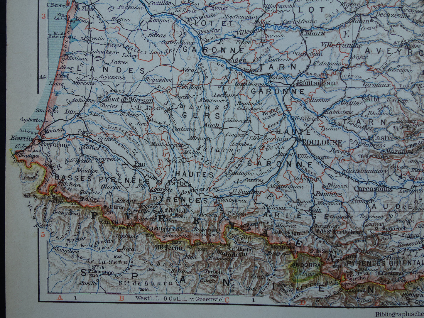 FRANCE old map of Southern France 1905 original antique German map