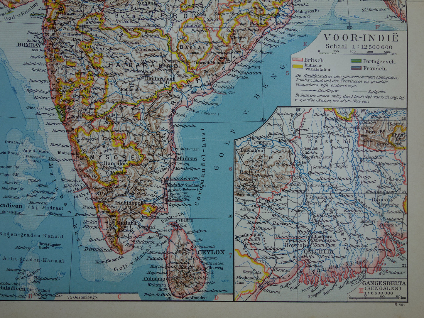 Alte Karte von Indien aus dem Jahr 1939, originale historische niederländische Karte von Indien