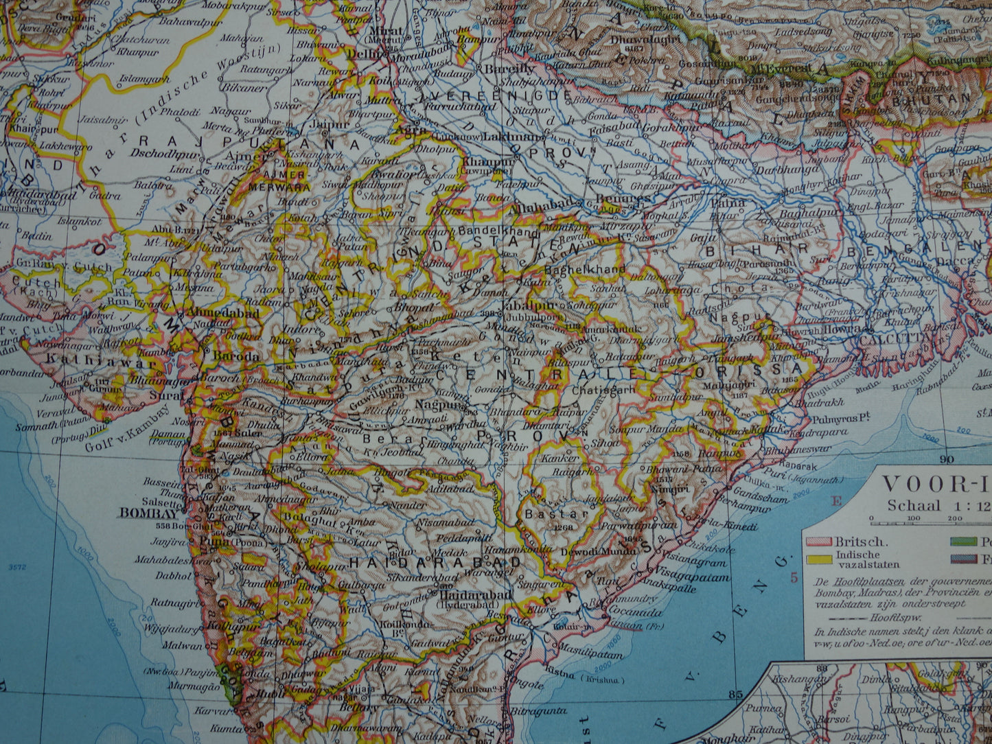 Alte Karte von Indien aus dem Jahr 1939, originale historische niederländische Karte von Indien
