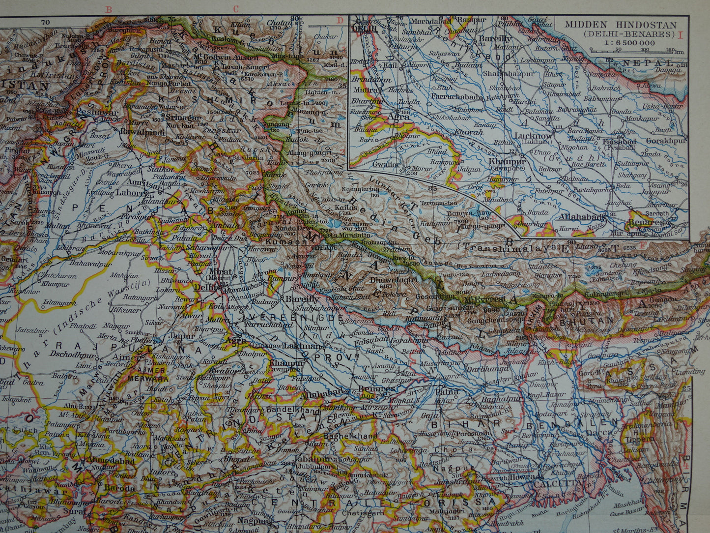 Alte Karte von Indien aus dem Jahr 1939, originale historische niederländische Karte von Indien