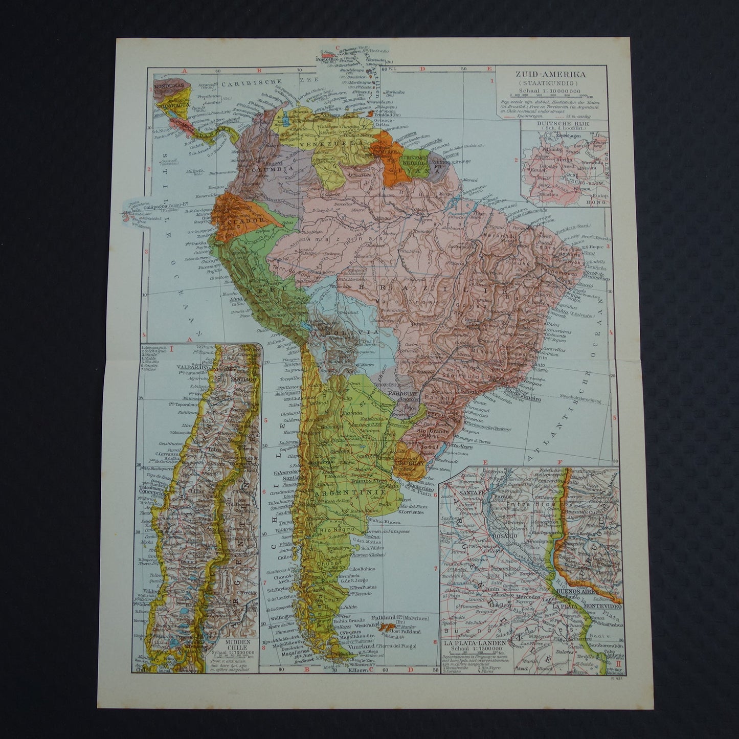 ZUID-AMERIKA Oude landkaart van continent uit 1939 originele historische Nederlandse kaart van Zuid-Amerika