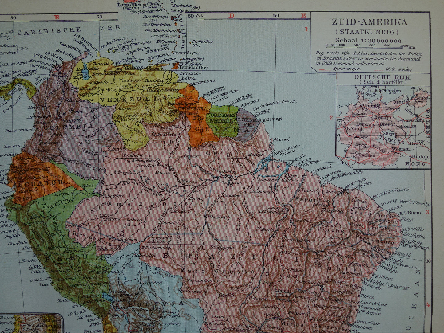 SOUTH AMERICA Old map of continent from 1939 original historical Dutch map of South America