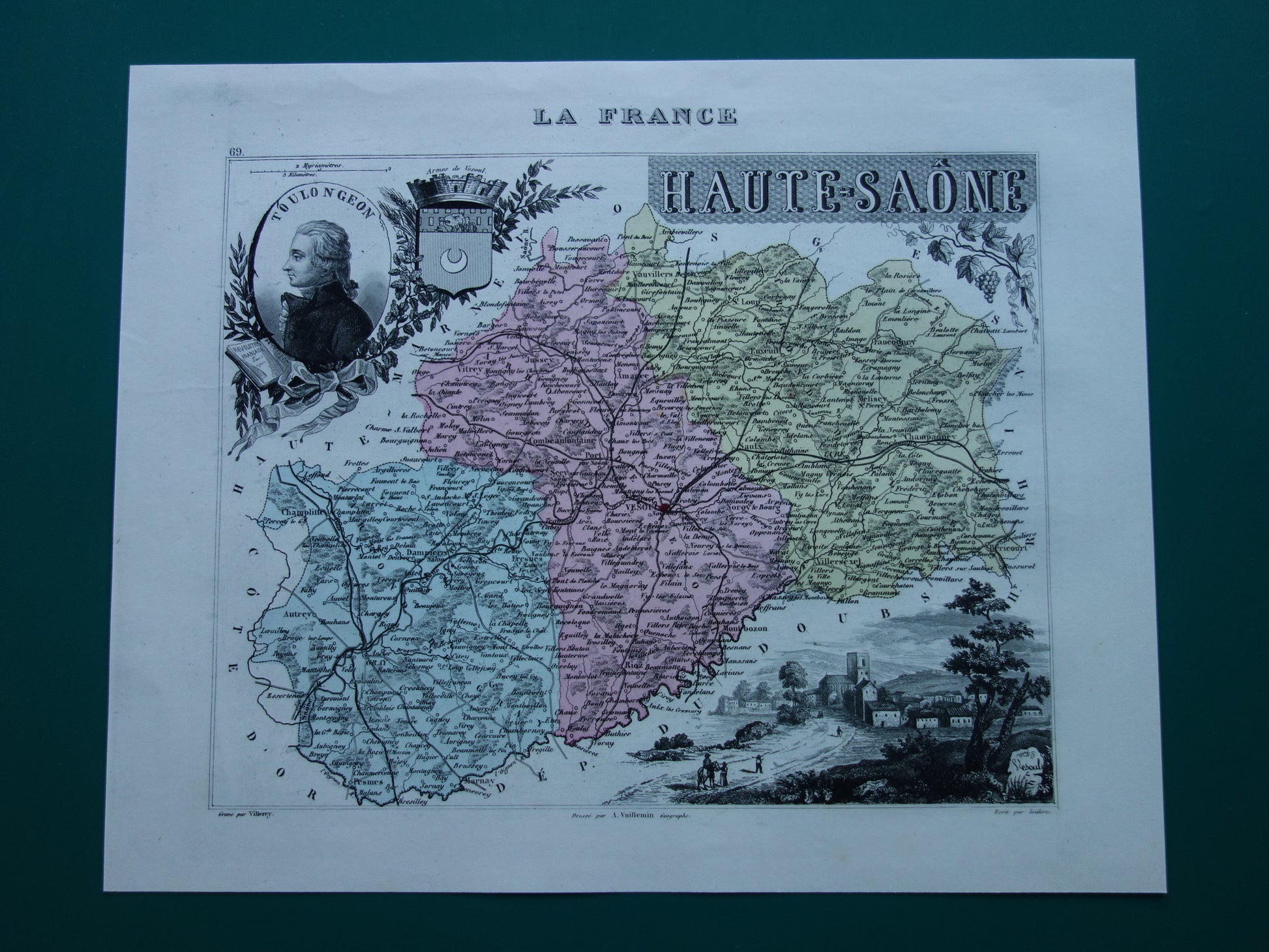 Haute-Saône departement Frankrijk oude kaart 1872 originele antieke landkaart Vesoul
