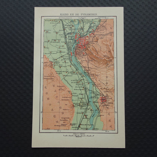 Oude kaart van Caïro Egypte uit 1909 antieke Nederlandse plattegrond van Cairo en de pyramiden