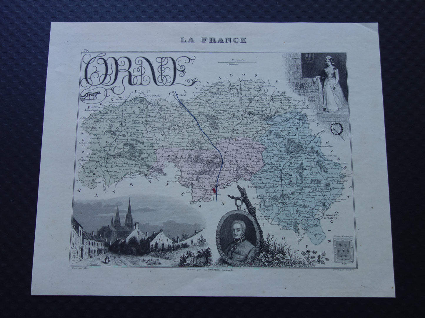 Old map of ORNE department in France from 1870 original antique hand colored map Alençon Fiers Argentan Sees