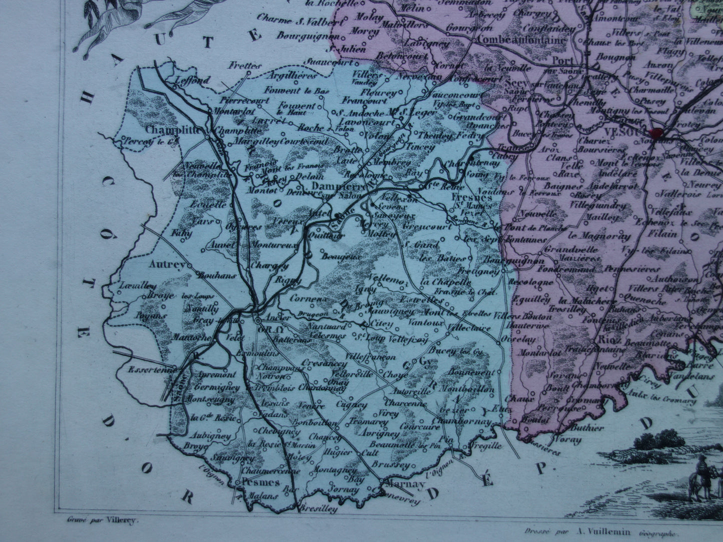 Haute-Saône departement Frankrijk oude kaart 1872 originele antieke landkaart Vesoul
