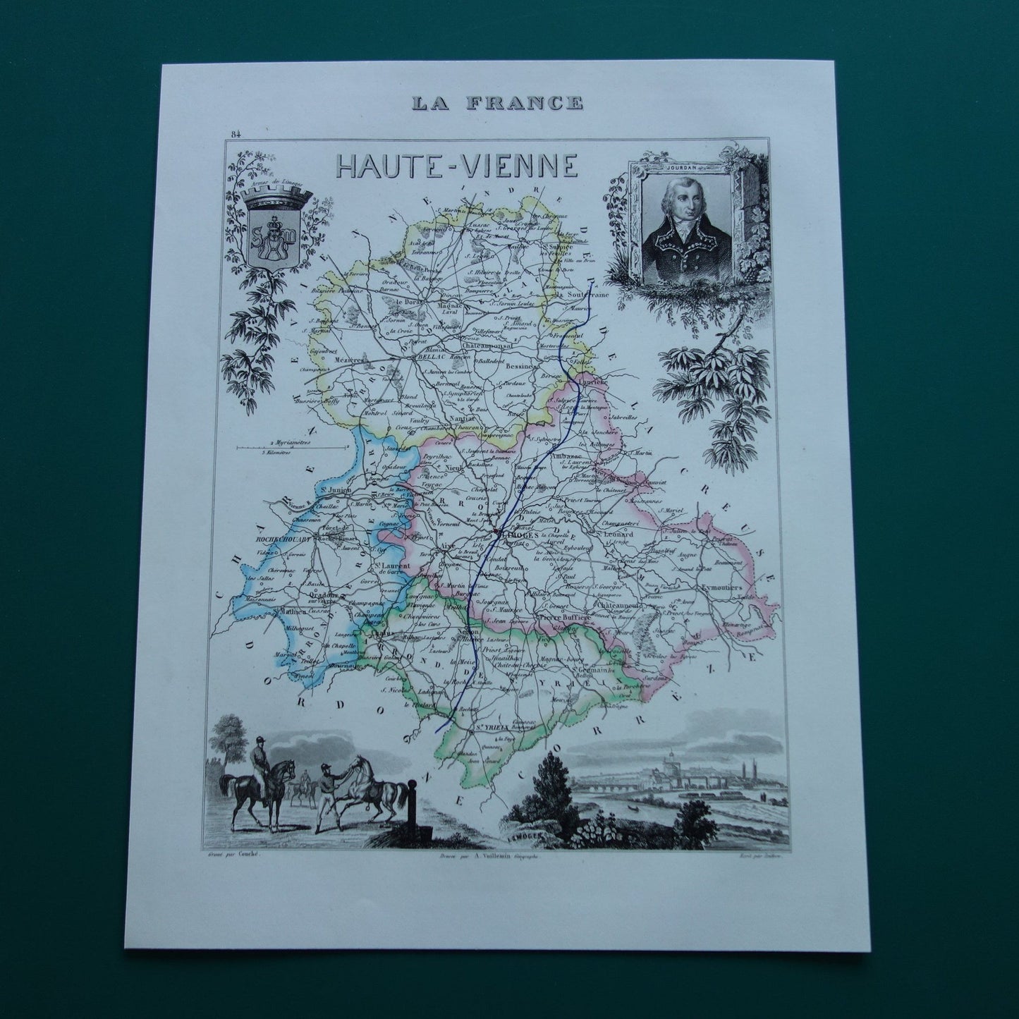 Old map of HAUTE-VIENNE department in France from 1856 original antique hand-colored map Limoges