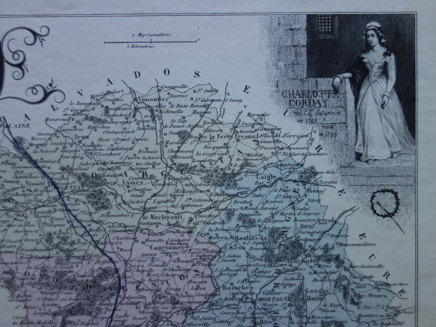 Old map of ORNE department in France from 1870 original antique hand colored map Alençon Fiers Argentan Sees