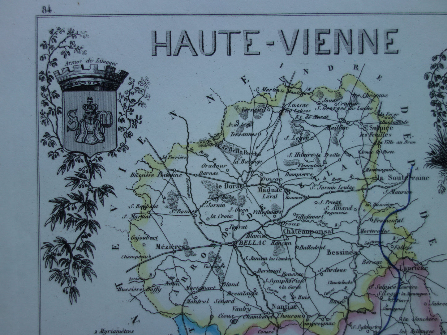Old map of HAUTE-VIENNE department in France from 1856 original antique hand-colored map Limoges