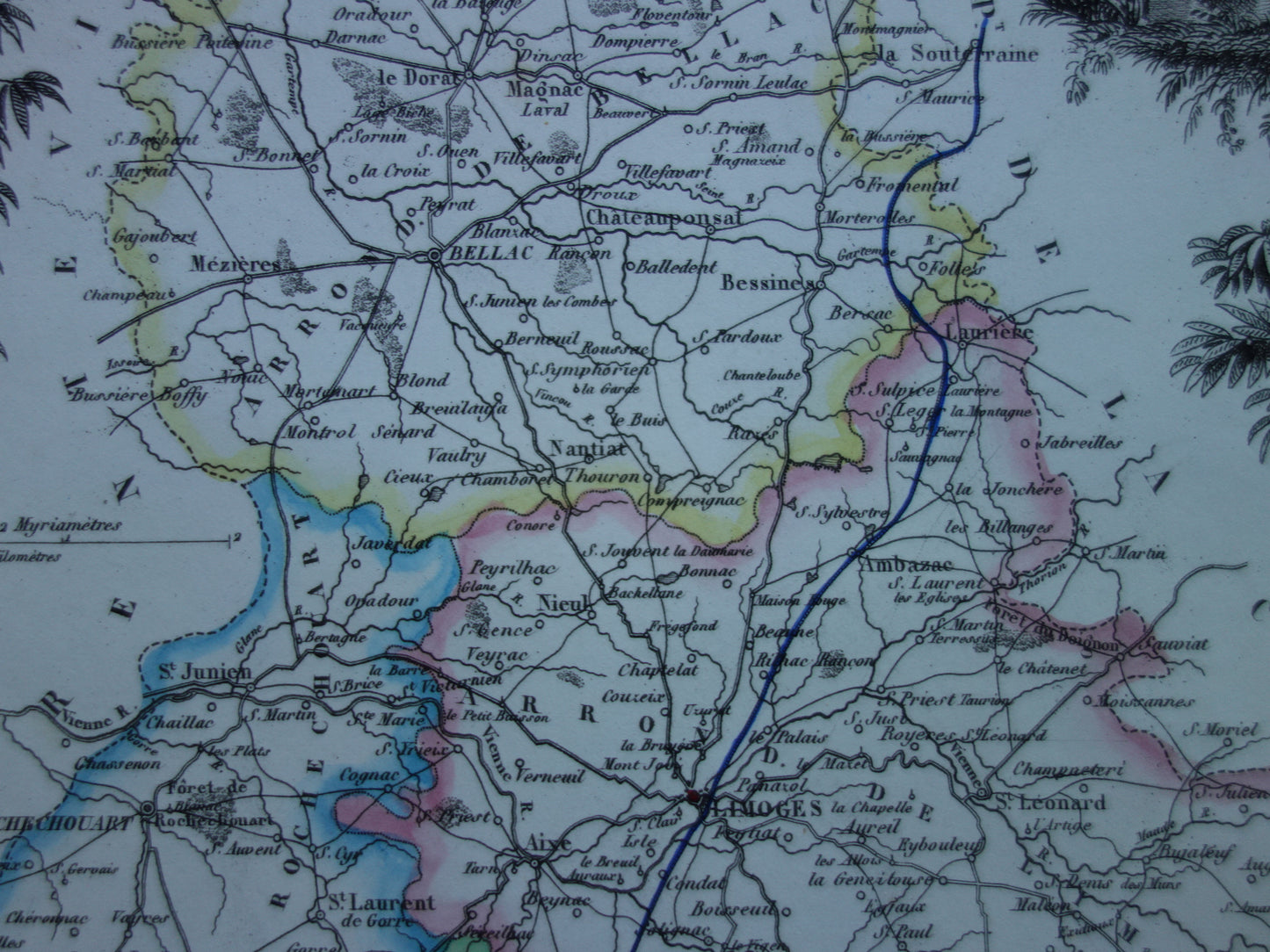 Old map of HAUTE-VIENNE department in France from 1856 original antique hand-colored map Limoges