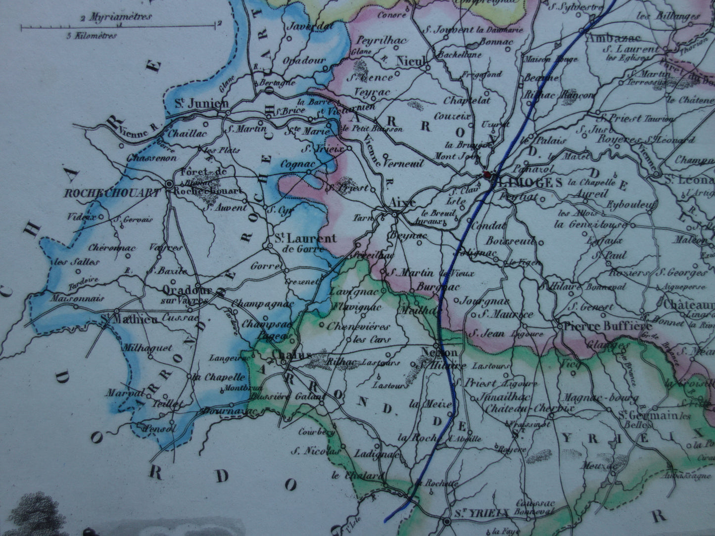Old map of HAUTE-VIENNE department in France from 1856 original antique hand-colored map Limoges