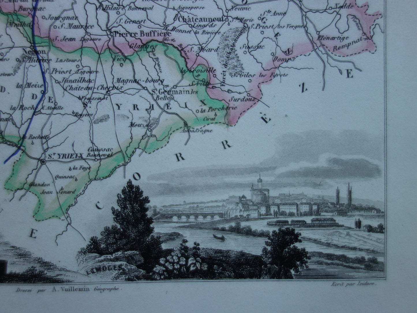 Old map of HAUTE-VIENNE department in France from 1856 original antique hand-colored map Limoges
