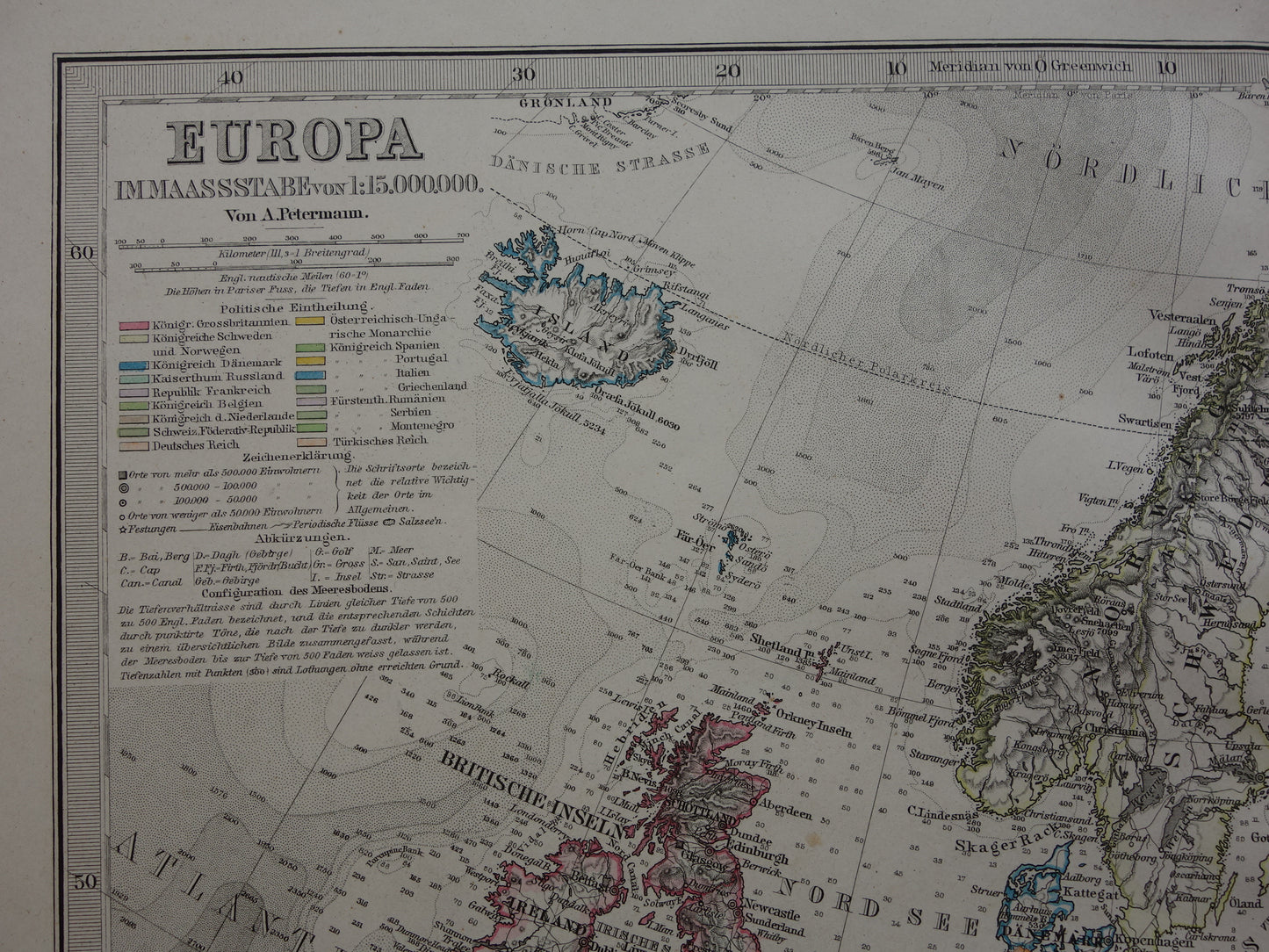 EUROPE old map of Europe from 1879 original antique German map of continent Europe