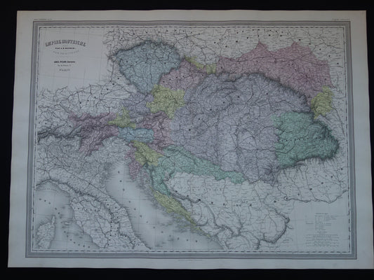 Oude kaart van Oostenrijk-Hongarije Zeer grote originele antieke handgekleurde landkaart Tsjechië Kroatië Slovenië vintage kaarten