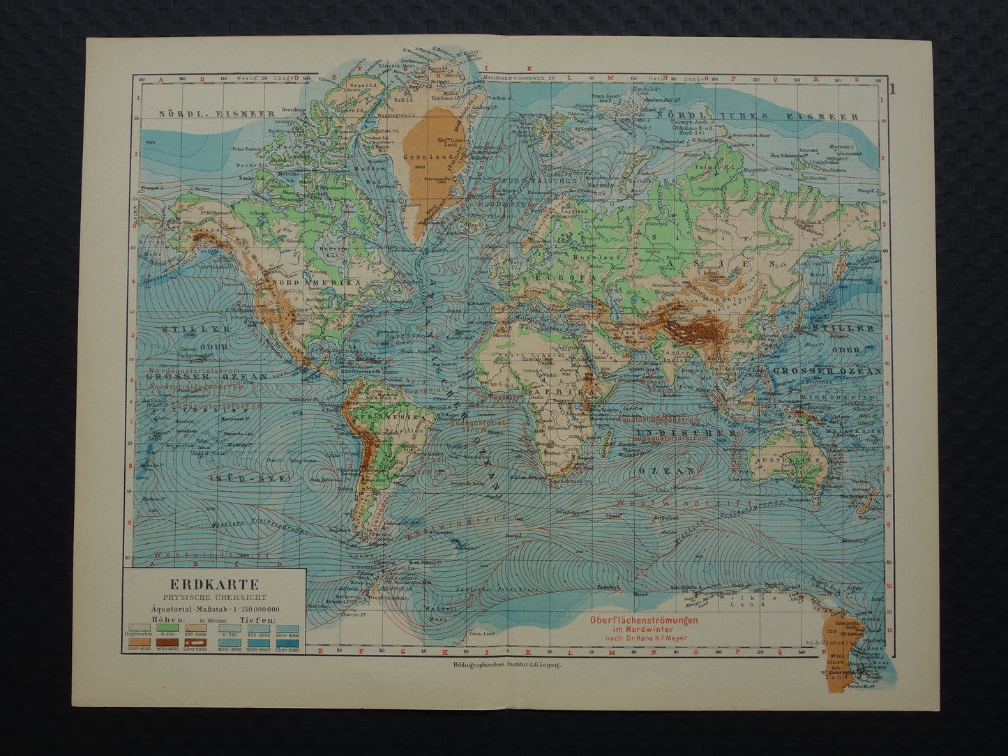Old WORLD MAP from 1931 original vintage map of the world - elevation map with ocean currents