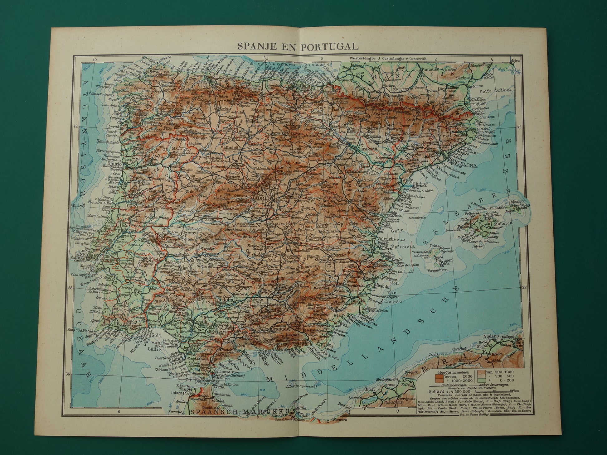 SPANJE Oude kaart uit het jaar 1938 historische Nederlandse landkaart Spanje Portugal vintage kaarten