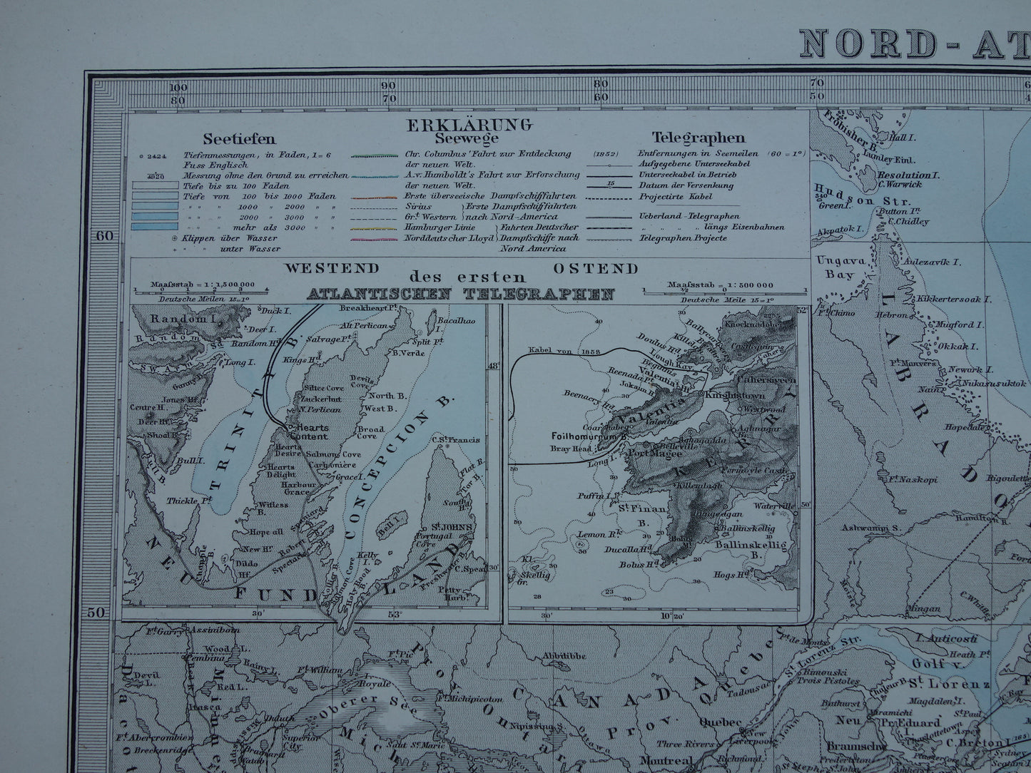 ATLANTIC OCEAN old map of the North Atlantic Ocean 1880 original antique map vintage shipping nautical chart