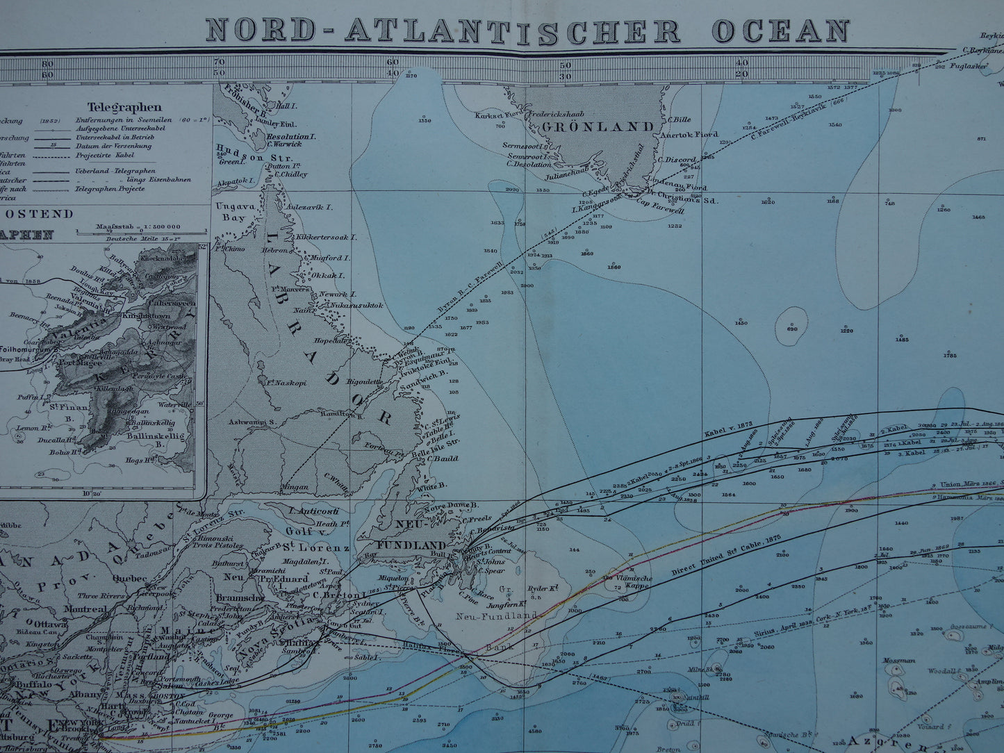 ATLANTIC OCEAN old map of the North Atlantic Ocean 1880 original antique map vintage shipping nautical chart