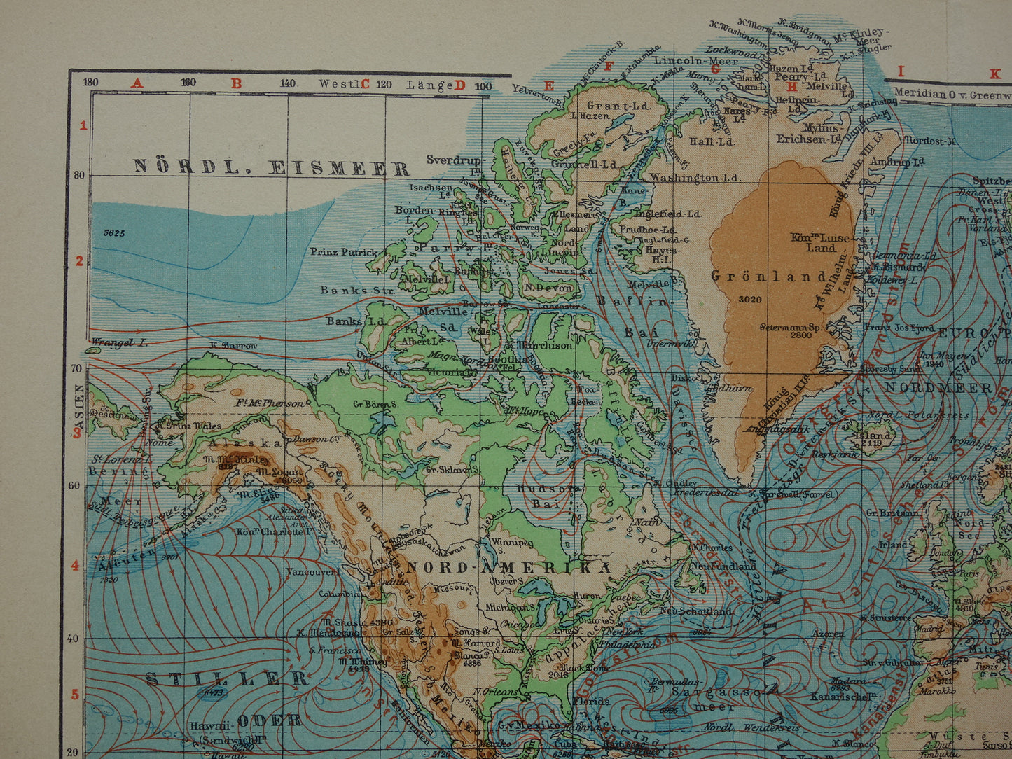 Old WORLD MAP from 1931 original vintage map of the world - elevation map with ocean currents