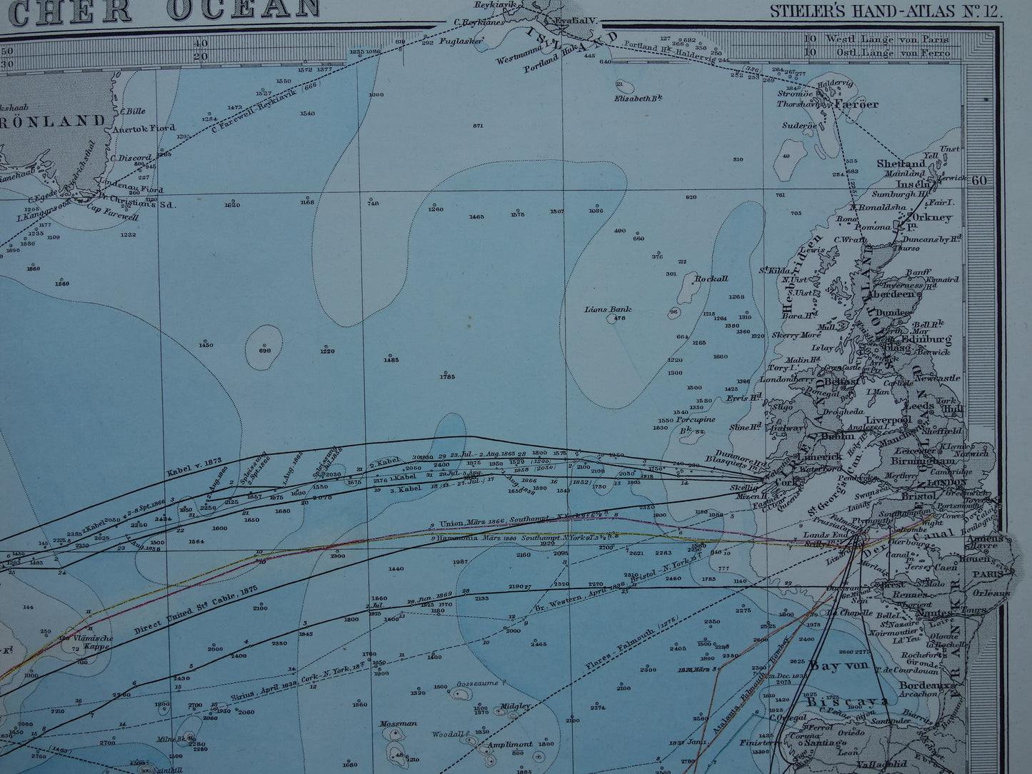 ATLANTIC OCEAN old map of the North Atlantic Ocean 1880 original antique map vintage shipping nautical chart