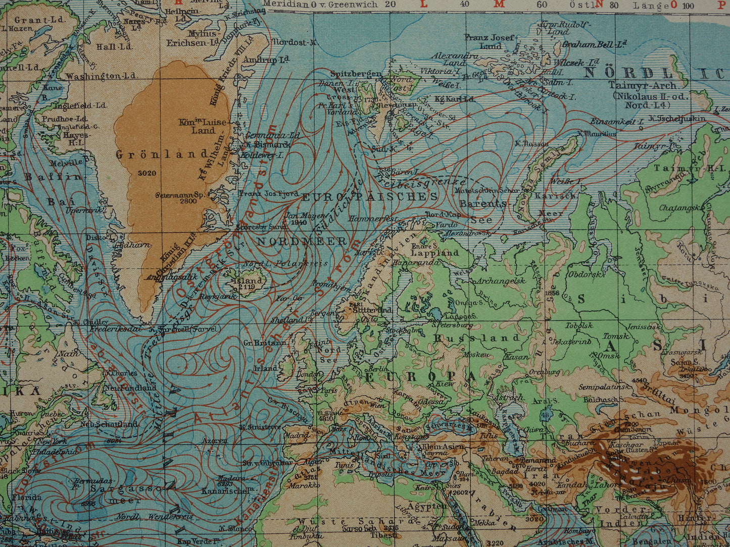 Old WORLD MAP from 1931 original vintage map of the world - elevation map with ocean currents