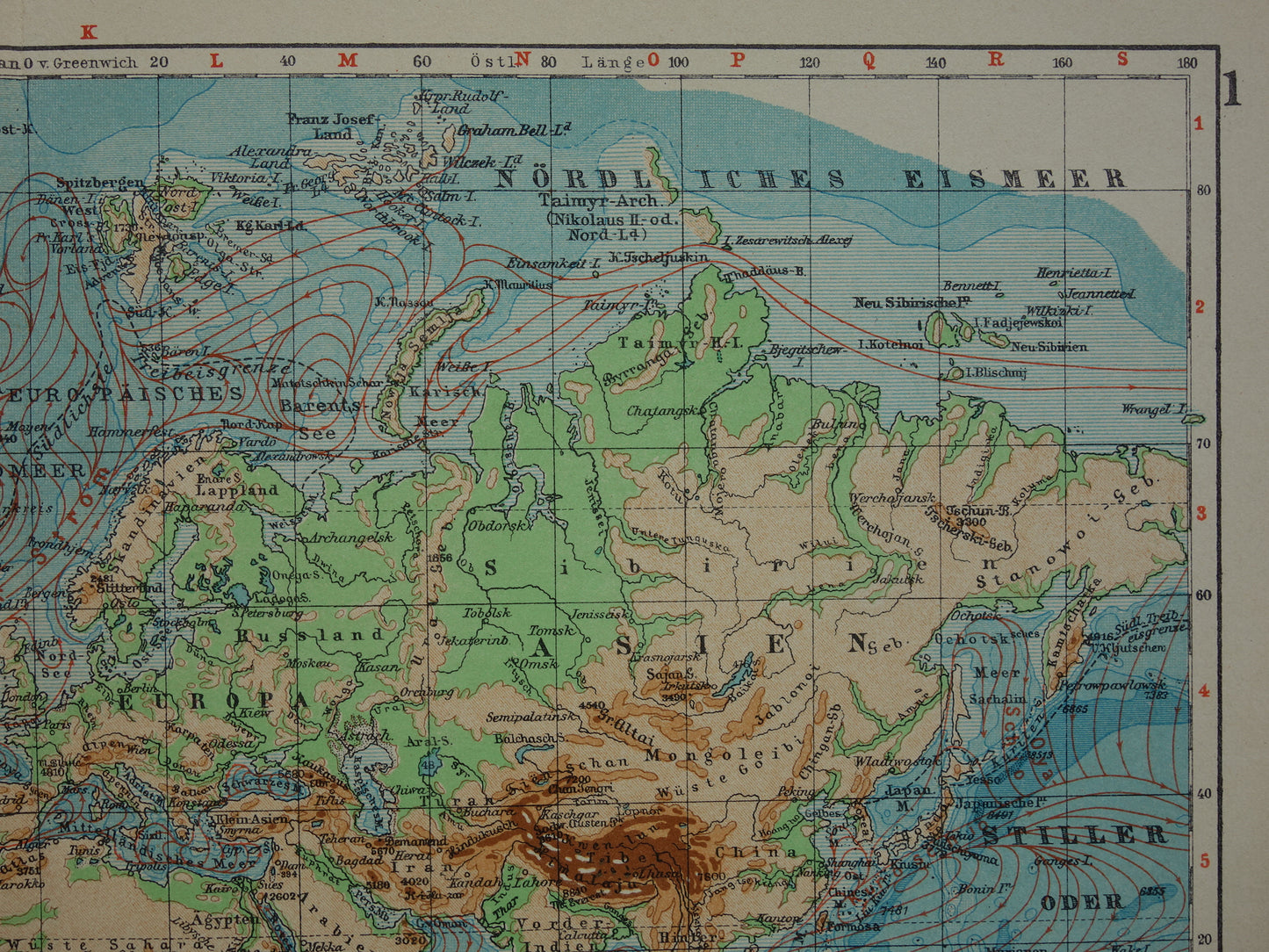 Old WORLD MAP from 1931 original vintage map of the world - elevation map with ocean currents