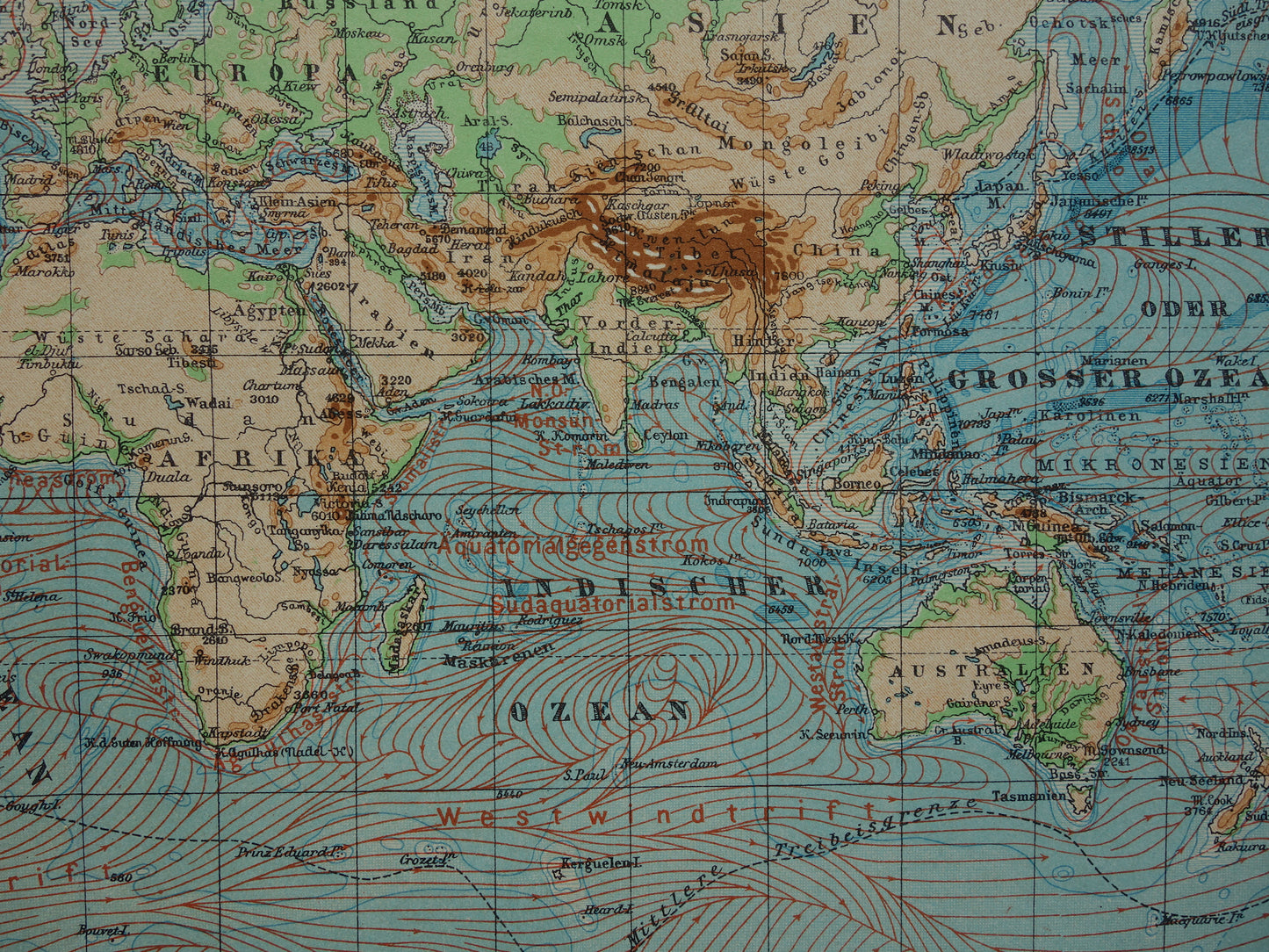 Old WORLD MAP from 1931 original vintage map of the world - elevation map with ocean currents