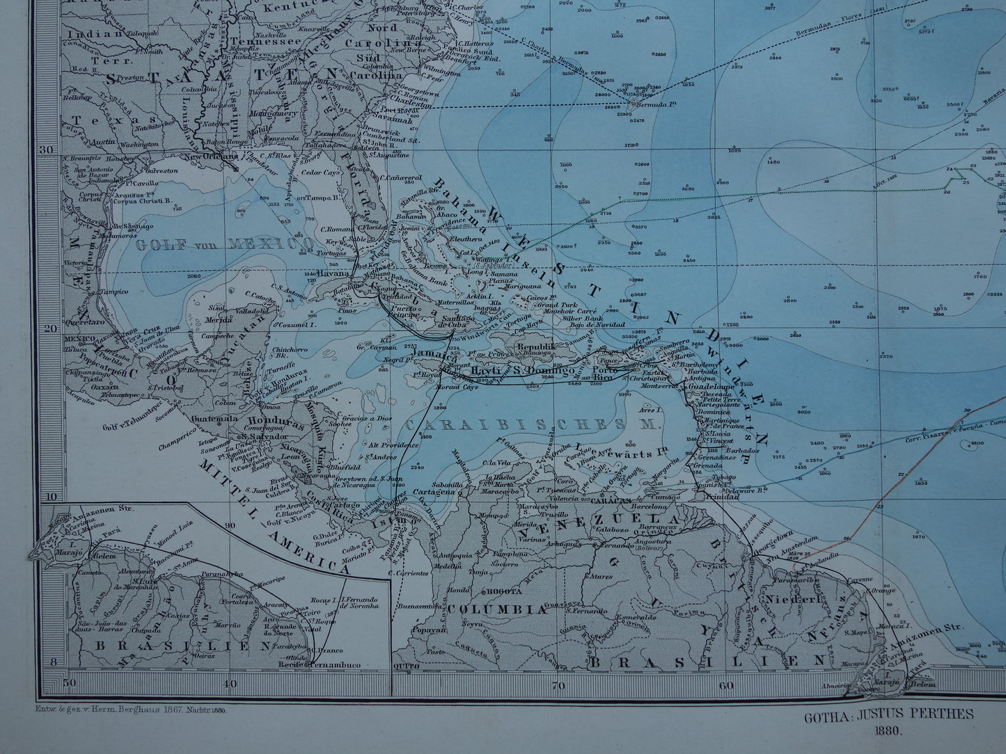 ATLANTIC OCEAN old map of the North Atlantic Ocean 1880 original antique map vintage shipping nautical chart