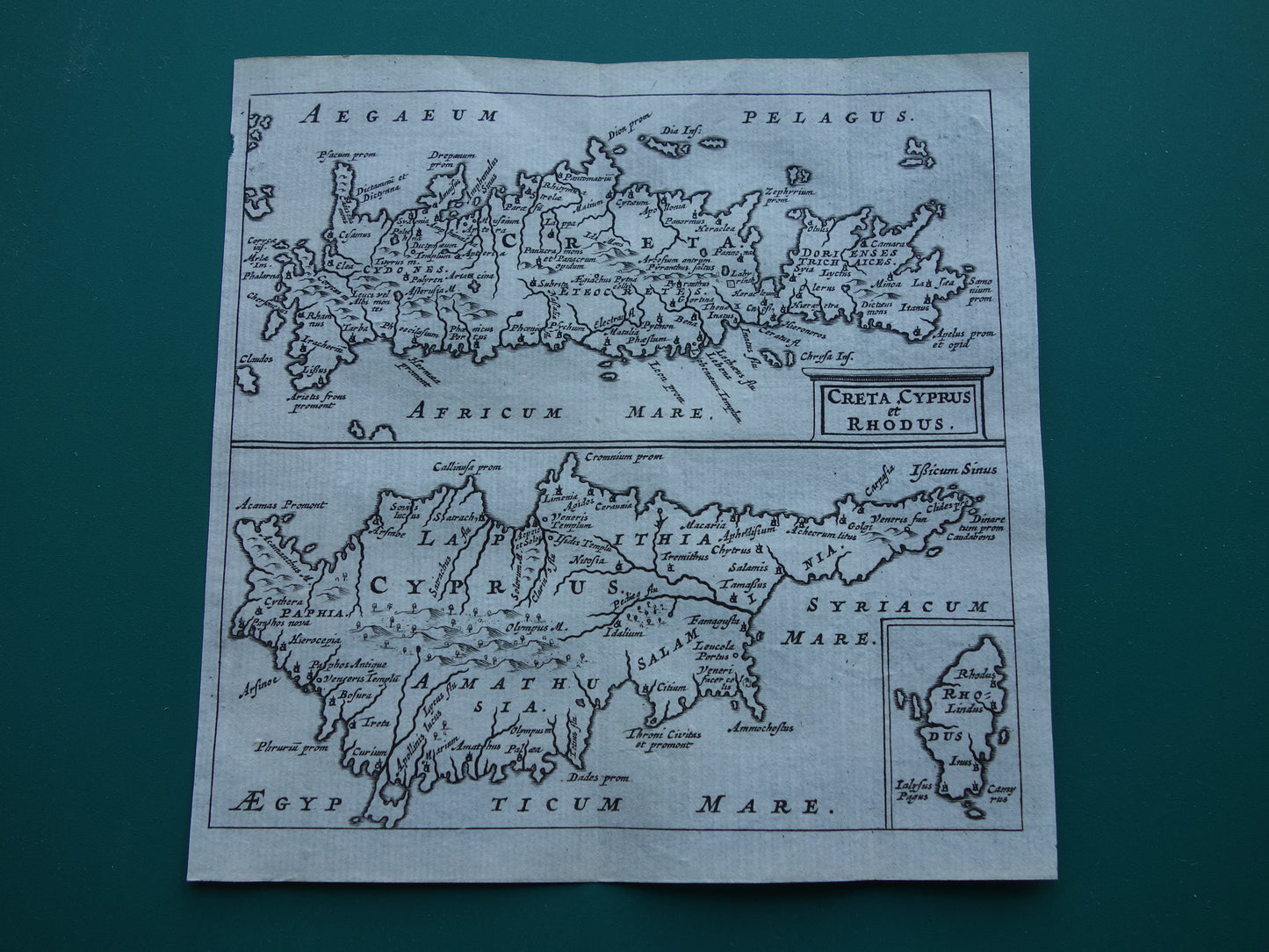 360+ jaar oude kaart van Kreta en Cyprus 1661 originele antieke landkaart klein formaat