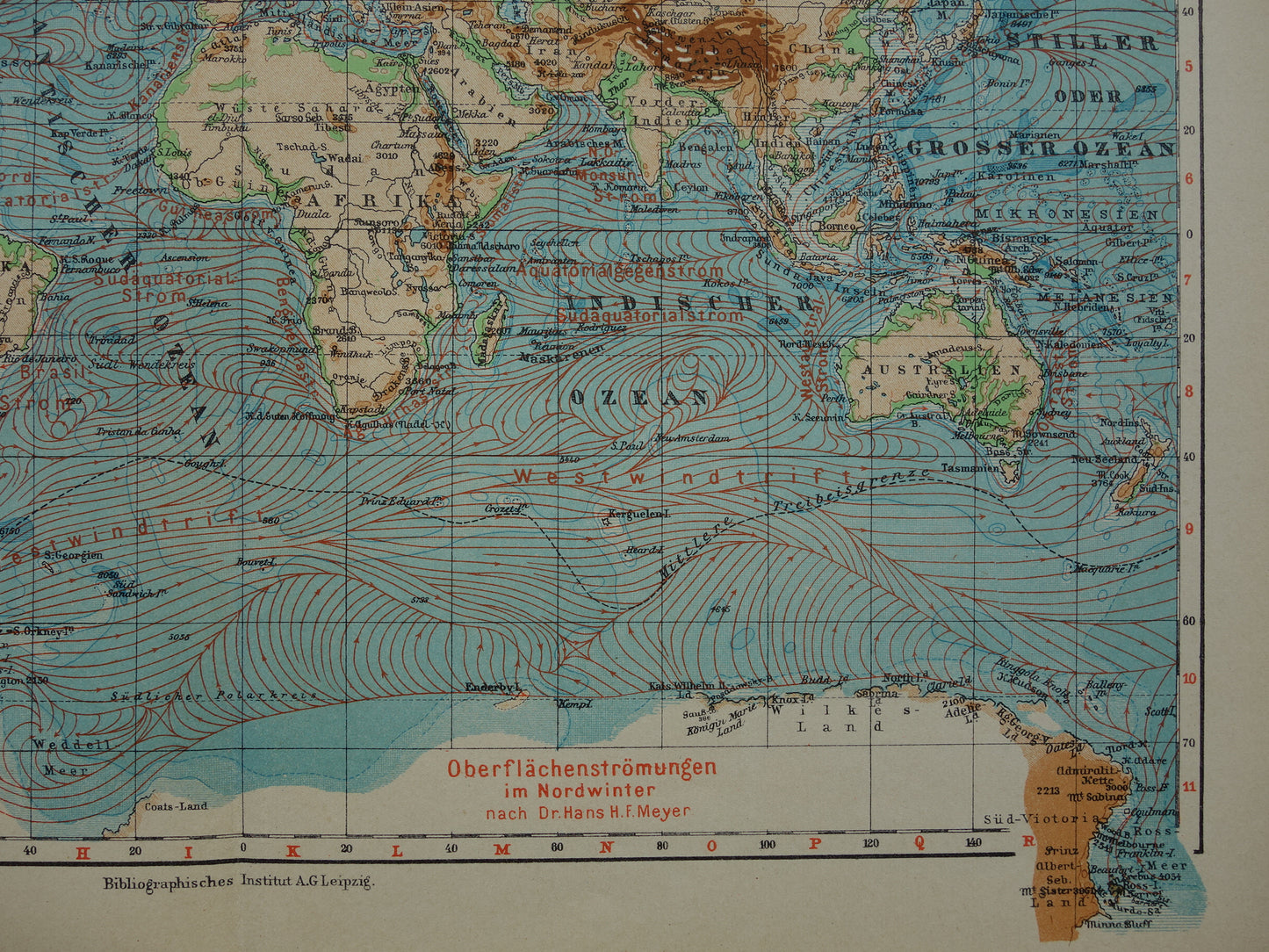 Old WORLD MAP from 1931 original vintage map of the world - elevation map with ocean currents