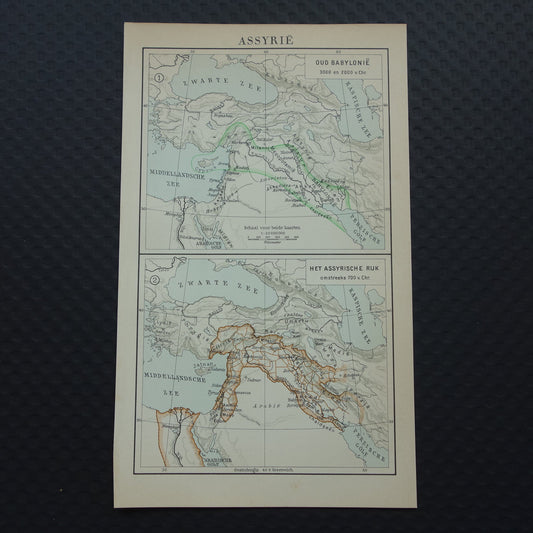 Oude kaart van Assyrië uit 1933 kleine originele vintage Nederlandse geschiedeniskaart van Babylonië en Assyrische Rijk
