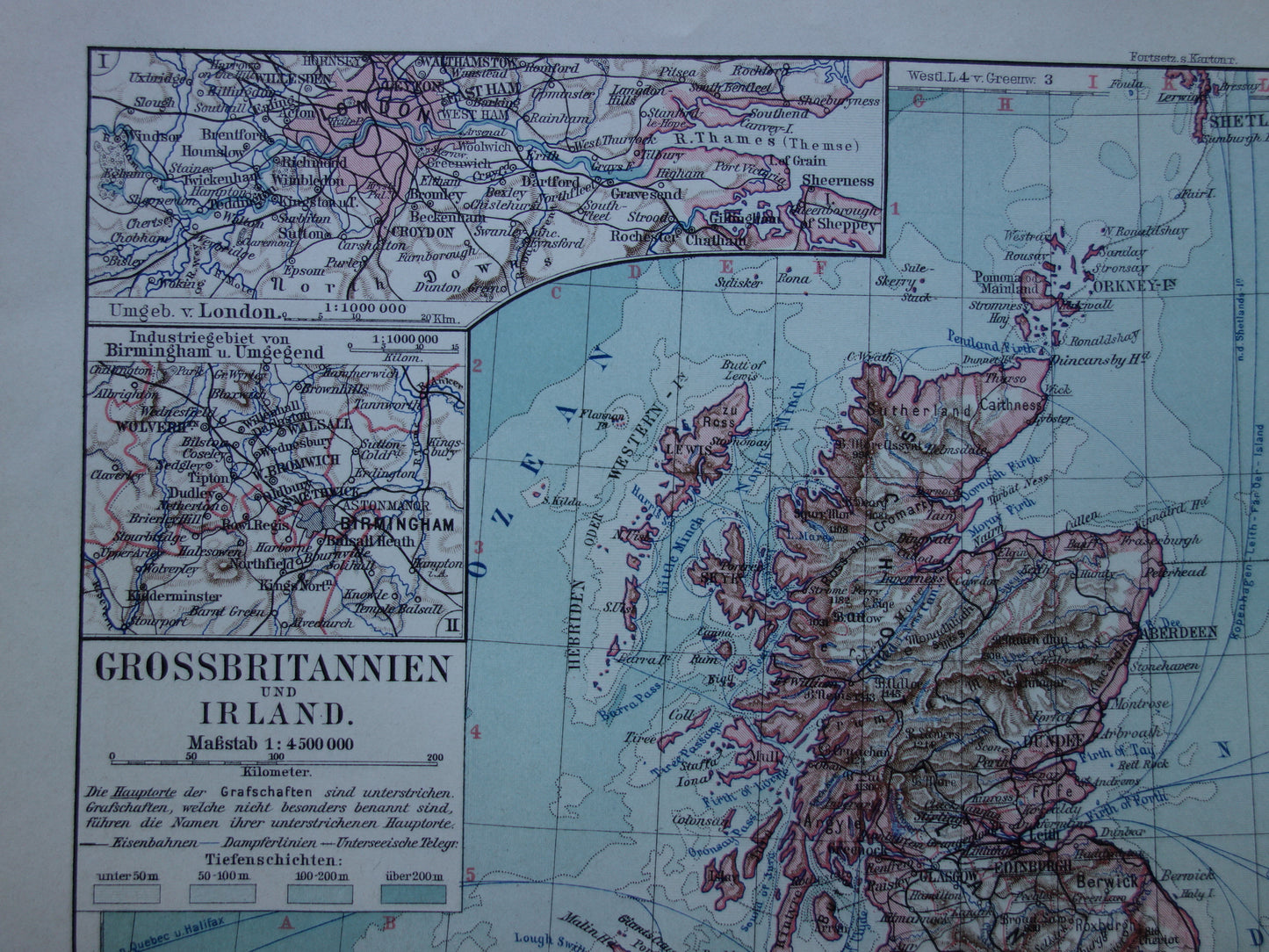 Britische Inseln, alte Karte des Vereinigten Königreichs, Irlands und Großbritanniens von 1913, originale antike Karte